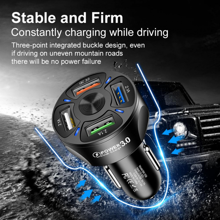 Incarcator Auto Qualcomm Quick Charge 3.0 cu 4 porturi USB, Iluminare LED, Incarcare rapida, Luxer, incarcator auto incarcare iphone samsung huawei universal altex usb, fast charge pentru telefon laptop ieftin priza 12V hama huawei dedeman luxer [3]