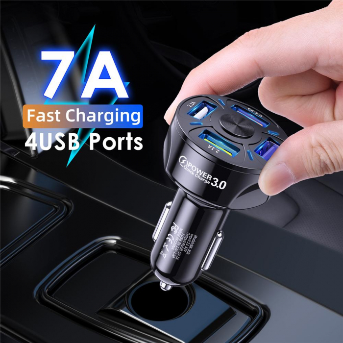 Incarcator Auto Qualcomm Quick Charge 3.0 cu 4 porturi USB, Iluminare LED, Incarcare rapida, Luxer, incarcator auto incarcare iphone samsung huawei universal altex usb, fast charge pentru telefon laptop ieftin priza 12V hama huawei dedeman luxer [2]
