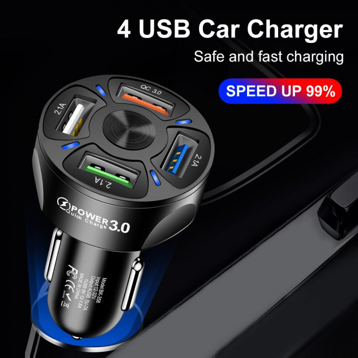 Incarcator Auto Qualcomm Quick Charge 3.0 cu 4 porturi USB, Iluminare LED, Incarcare rapida, Luxer, incarcator auto incarcare iphone samsung huawei universal altex usb, fast charge pentru telefon laptop ieftin priza 12V hama huawei dedeman luxer [5]
