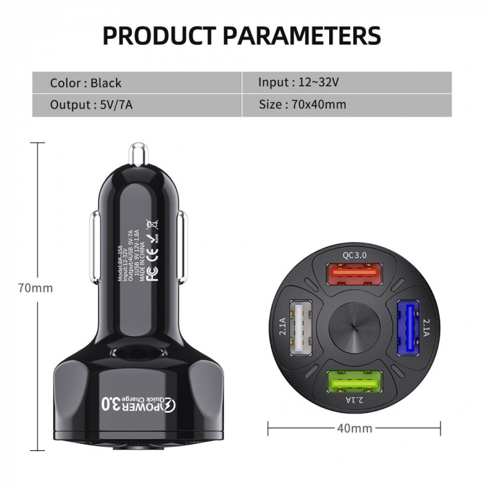 Incarcator Auto Qualcomm Quick Charge 3.0 cu 4 porturi USB, Iluminare LED, Incarcare rapida, Luxer, incarcator auto incarcare iphone samsung huawei universal altex usb, fast charge pentru telefon laptop ieftin priza 12V hama huawei dedeman luxer [9]