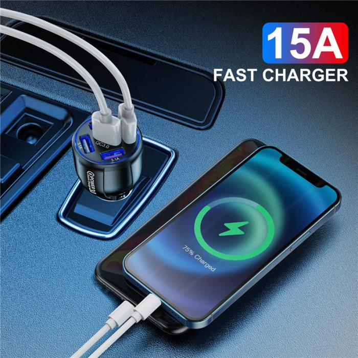 Incarcator Auto Qualcomm Quick Charge 3.0 cu 5 porturi USB, Iluminare LED, Incarcare rapida, Luxer, incarcator auto incarcare iphone samsung huawei universal altex usb, fast charge pentru telefon laptop ieftin priza 12V hama huawei dedeman luxer [2]