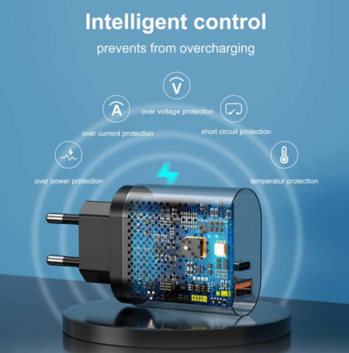 Incarcator Priza Inteligent Fast Charge Luxer, 1 port USB 3.0 si 1 port USB Type C Negru/Alb , incarcator universal priza convertor priza de calatorie usb usb c altex samsung iphone 13 apple watch dedeman 20w white/black fast charge ieftin protectie supraincalzire flanco emag luxer [2]