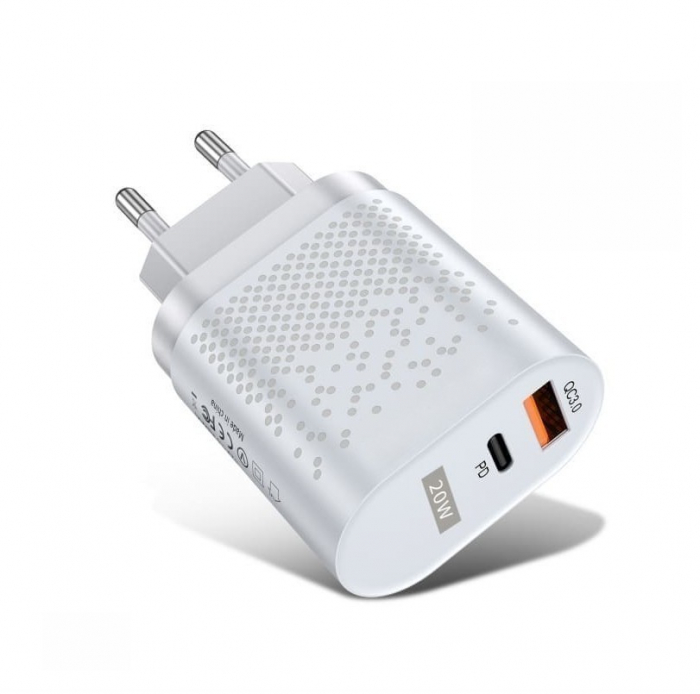 Incarcator Priza Inteligent Fast Charge Luxer, 1 port USB 3.0 si 1 port USB Type C Negru/Alb , incarcator universal priza convertor priza de calatorie usb usb c altex samsung iphone 13 apple watch dedeman 20w white/black fast charge ieftin protectie supraincalzire flanco emag luxer [1]