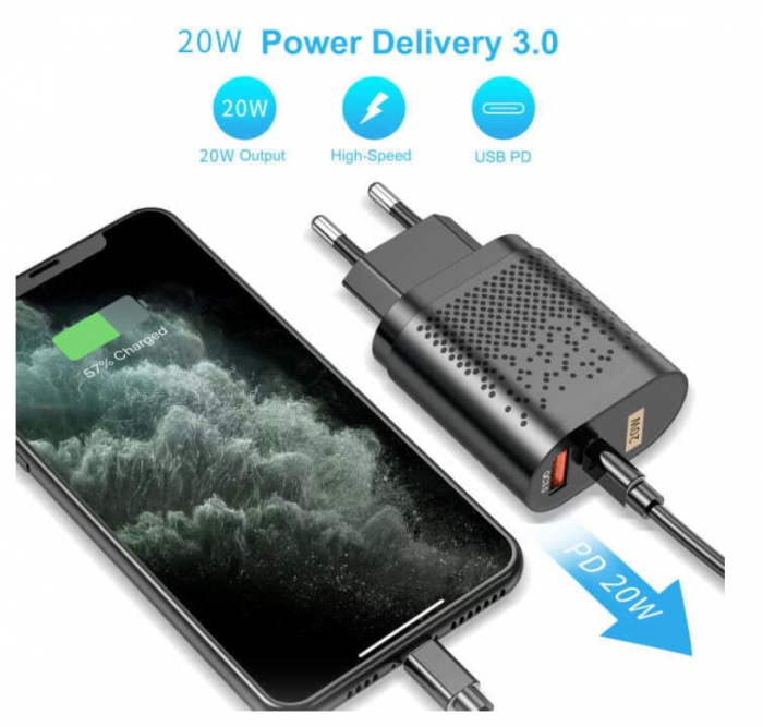 Incarcator Priza Inteligent Fast Charge Luxer, 1 port USB 3.0 si 1 port USB Type C Negru/Alb , incarcator universal priza convertor priza de calatorie usb usb c altex samsung iphone 13 apple watch dedeman 20w white/black fast charge ieftin protectie supraincalzire flanco emag luxer [1]