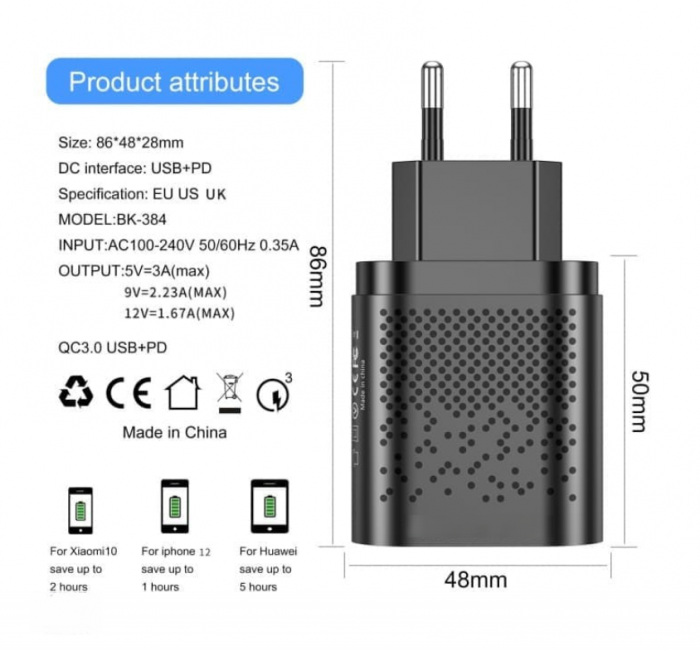 Incarcator Priza Inteligent Fast Charge Luxer, 1 port USB 3.0 si 1 port USB Type C Negru/Alb , incarcator universal priza convertor priza de calatorie usb usb c altex samsung iphone 13 apple watch dedeman 20w white/black fast charge ieftin protectie supraincalzire flanco emag luxer [10]