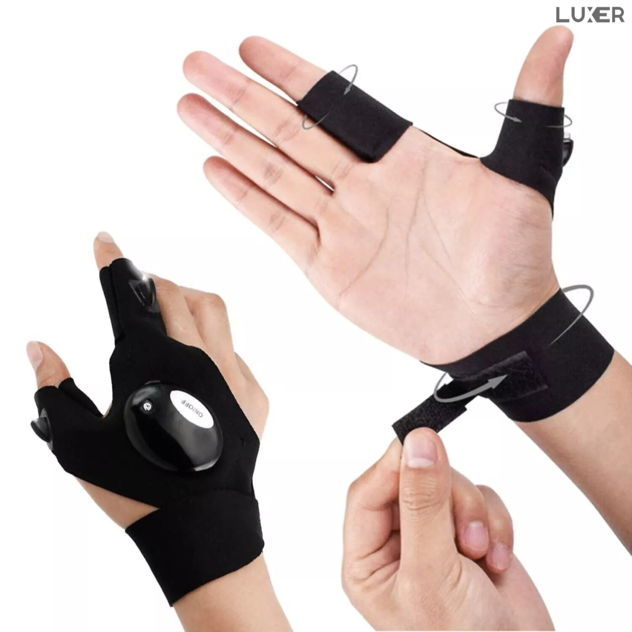 Mănuși cu lanternă LED integrată Luxer, pentru iluminare hands-free la pescuit nocturn, camping, reparații auto și bricolaj, materiale elastice și reglaj Velcro, culoare neagră. [2]