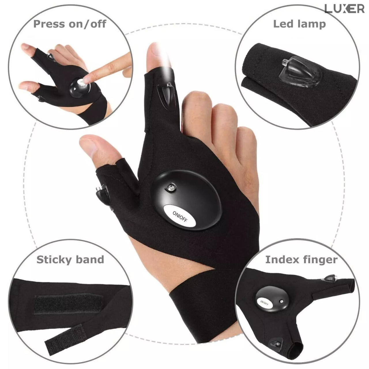 Mănuși cu lanternă LED integrată Luxer, pentru iluminare hands-free la pescuit nocturn, camping, reparații auto și bricolaj, materiale elastice și reglaj Velcro, culoare neagră. [7]