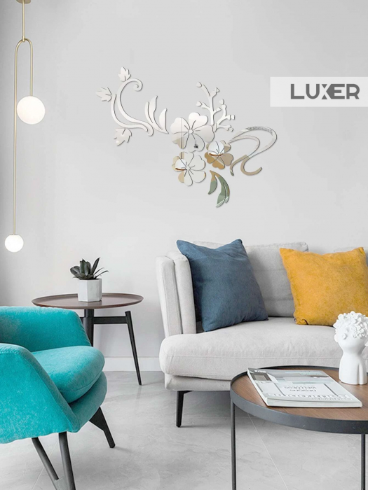 Oglinzi Acrilice Autoadezive Luxer, Model Floare de Hibiscus, 80x60 cm, Silver, oglinzi decorative de perete oglinda hol oglinzi dedeman pentru camera din acril decorativa ikea decor mobexpert jysk emag dormitor living autoadezive oglinda aurie moderne rezistente auriu [10]