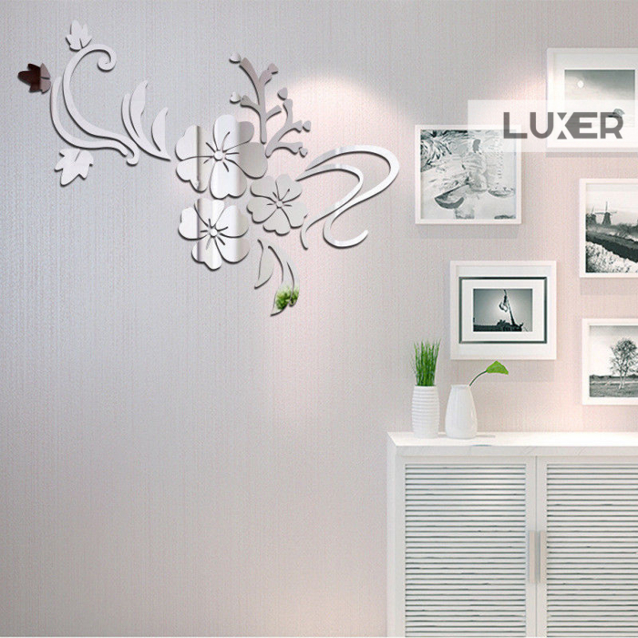 Oglinzi Acrilice Autoadezive Luxer, Model Floare de Hibiscus, 80x60 cm, Silver, oglinzi decorative de perete oglinda hol oglinzi dedeman pentru camera din acril decorativa ikea decor mobexpert jysk emag dormitor living autoadezive oglinda aurie moderne rezistente auriu [12]