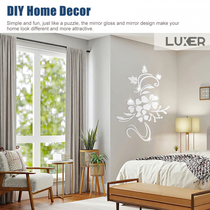 Oglinzi Acrilice Autoadezive Luxer, Model Floare de Hibiscus, 80x60 cm, Silver, oglinzi decorative de perete oglinda hol oglinzi dedeman pentru camera din acril decorativa ikea decor mobexpert jysk emag dormitor living autoadezive oglinda aurie moderne rezistente auriu [3]