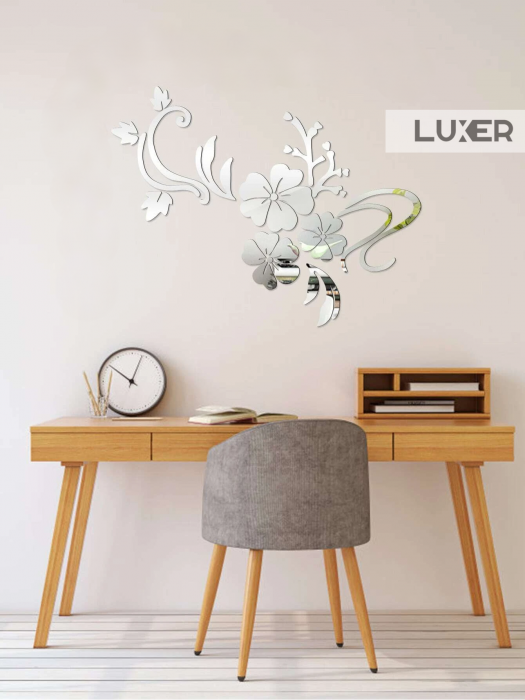 Oglinzi Acrilice Autoadezive Luxer, Model Floare de Hibiscus, 80x60 cm, Silver, oglinzi decorative de perete oglinda hol oglinzi dedeman pentru camera din acril decorativa ikea decor mobexpert jysk emag dormitor living autoadezive oglinda aurie moderne rezistente auriu [8]
