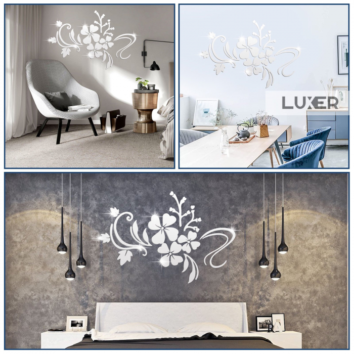 Oglinzi Acrilice Autoadezive Luxer, Model Floare de Hibiscus, 80x60 cm, Silver, oglinzi decorative de perete oglinda hol oglinzi dedeman pentru camera din acril decorativa ikea decor mobexpert jysk emag dormitor living autoadezive oglinda aurie moderne rezistente auriu [6]