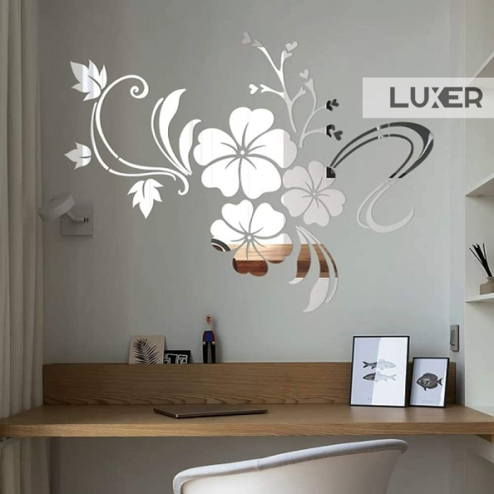 Oglinzi Acrilice Autoadezive Luxer, Model Floare de Hibiscus, 80x60 cm, Silver, oglinzi decorative de perete oglinda hol oglinzi dedeman pentru camera din acril decorativa ikea decor mobexpert jysk emag dormitor living autoadezive oglinda aurie moderne rezistente auriu [2]