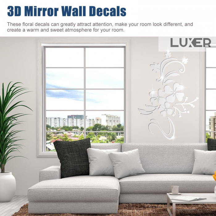 Oglinzi Acrilice Autoadezive Luxer, Model Floare de Hibiscus, 80x60 cm, Silver, oglinzi decorative de perete oglinda hol oglinzi dedeman pentru camera din acril decorativa ikea decor mobexpert jysk emag dormitor living autoadezive oglinda aurie moderne rezistente auriu [4]