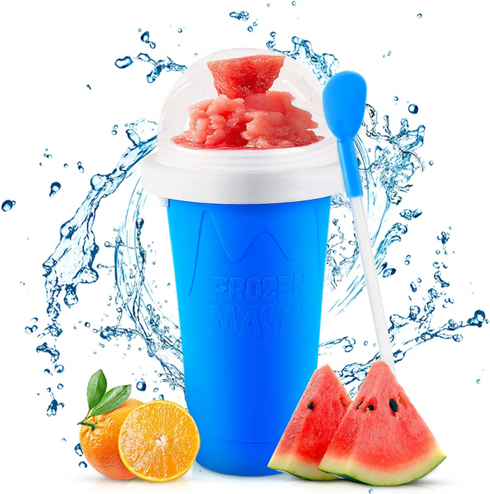 PAHAR DIN SILICON SLUSHY-CUP CU RACIRE RAPIDA PENTRU PREPARARE ICE JUICEMILKSHAKESLUSHY, FROZEN MAGIC SQUEEZE CUP, ROZ/ALBASTRU, 250 ML, emag slush [1]