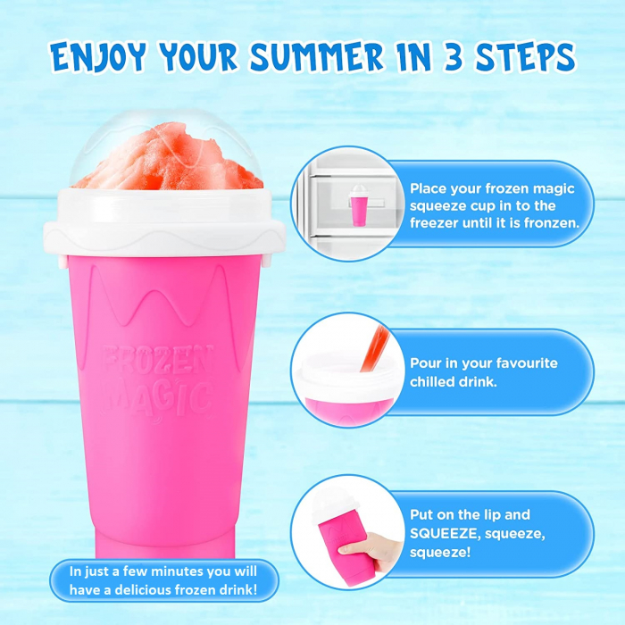 PAHAR DIN SILICON SLUSHY-CUP CU RACIRE RAPIDA PENTRU PREPARARE ICE JUICEMILKSHAKESLUSHY, FROZEN MAGIC SQUEEZE CUP, ROZ/ALBASTRU, 250 ML, emag slush [5]