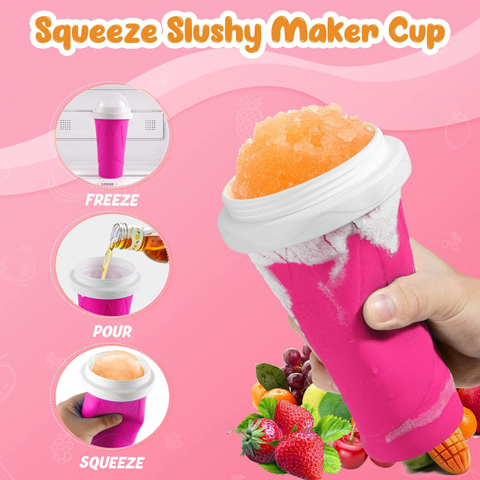 PAHAR DIN SILICON SLUSHY-CUP CU RACIRE RAPIDA PENTRU PREPARARE ICE JUICEMILKSHAKESLUSHY, FROZEN MAGIC SQUEEZE CUP, ROZ/ALBASTRU, 250 ML, emag slush [3]