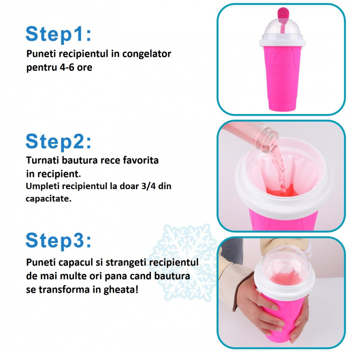 PAHAR DIN SILICON SLUSHY-CUP CU RACIRE RAPIDA PENTRU PREPARARE ICE JUICEMILKSHAKESLUSHY, FROZEN MAGIC SQUEEZE CUP, ROZ/ALBASTRU, 250 ML, emag slush [7]