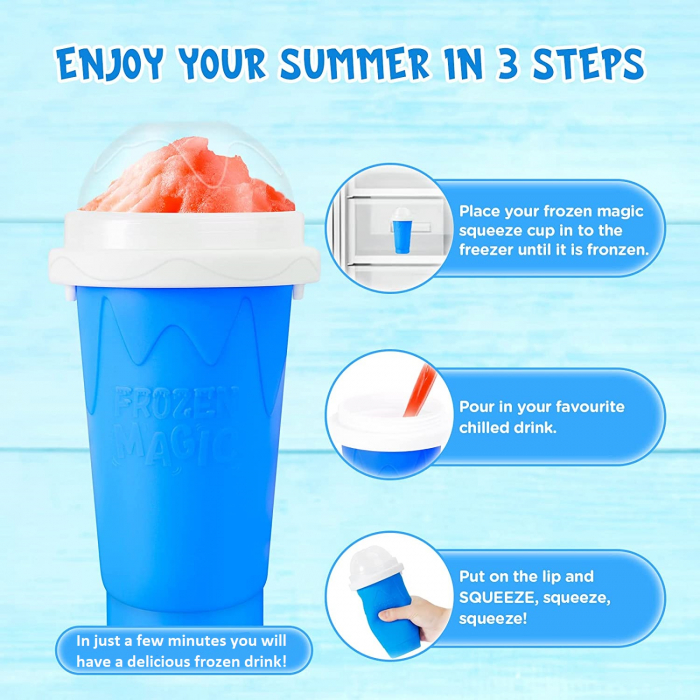 PAHAR DIN SILICON SLUSHY-CUP CU RACIRE RAPIDA PENTRU PREPARARE ICE JUICEMILKSHAKESLUSHY, FROZEN MAGIC SQUEEZE CUP, ROZ/ALBASTRU, 250 ML, emag slush [3]