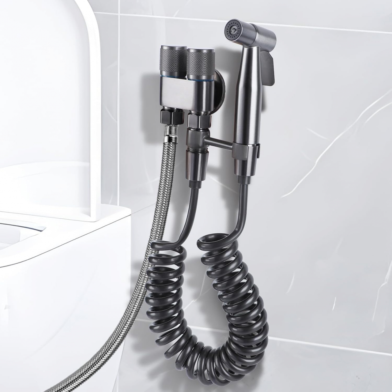 Pistol Pulverizator Pentru Toaleta/Bideu Din Otel Inoxidabil Cu Furtun de 1.4 m Si Supapa De Apa Cu Control Dublu, Gri Cromat, Luxer Adaptor Bideu Adaptor wc bideu Adaptor bideu pentru wc accesoriu pentru bideu robinet bideu cap de dus pentru bideu para dus pentru bideu set de dus pentru bideu baterie bideu pulverizator bideu [2]