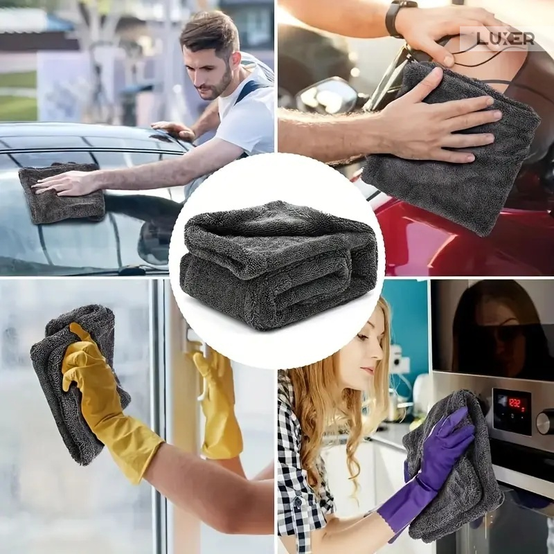 Prosop din microfibră Luxer cu 2 fețe pentru spălare, uscare, ceruire și detailing auto, dimensiuni 90x60 cm, negru, ultra-absorbant și delicat cu vopseaua mașinii. [11]