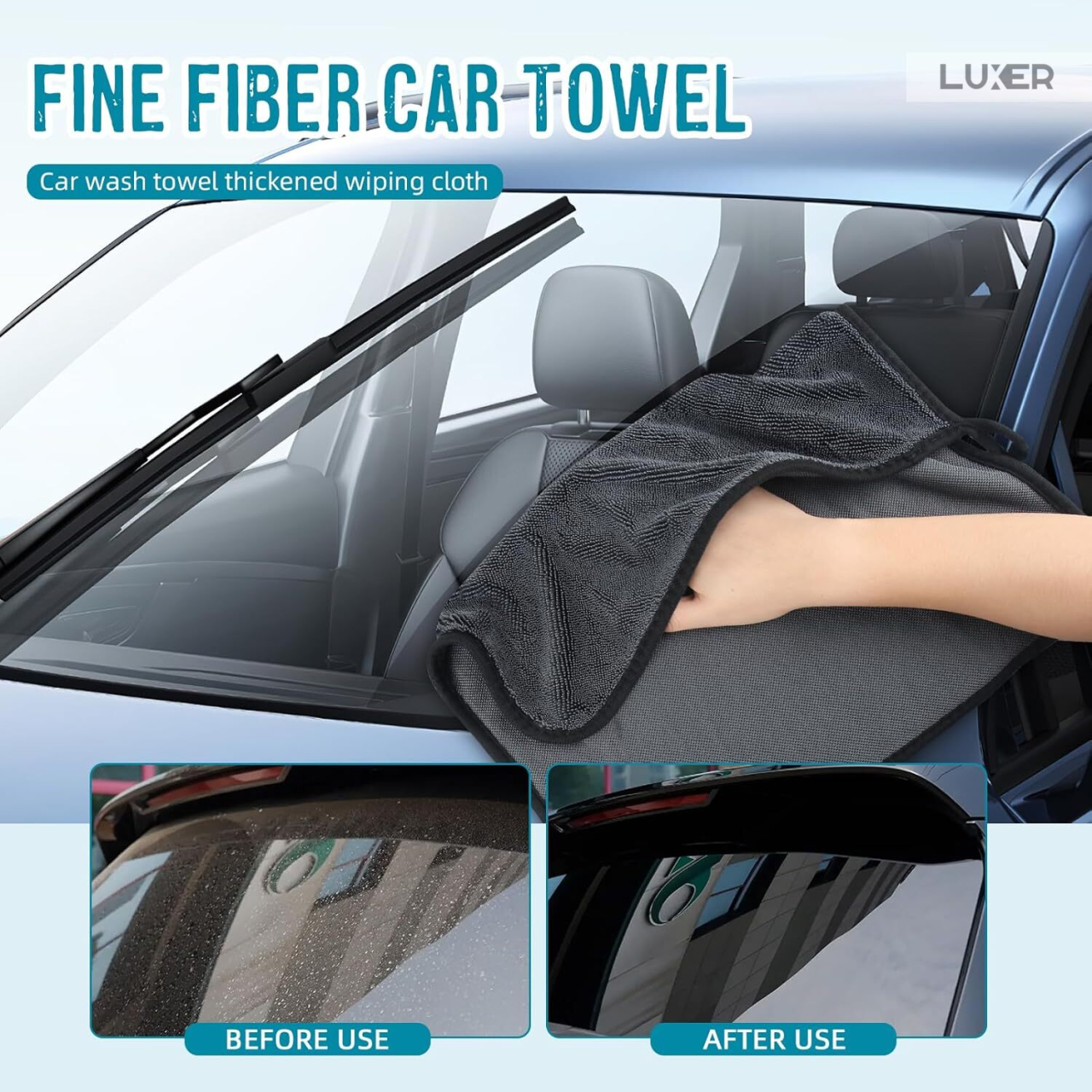 Prosop din microfibră Luxer cu 2 fețe pentru spălare, uscare, ceruire și detailing auto, dimensiuni 90x60 cm, negru, ultra-absorbant și delicat cu vopseaua mașinii. [3]