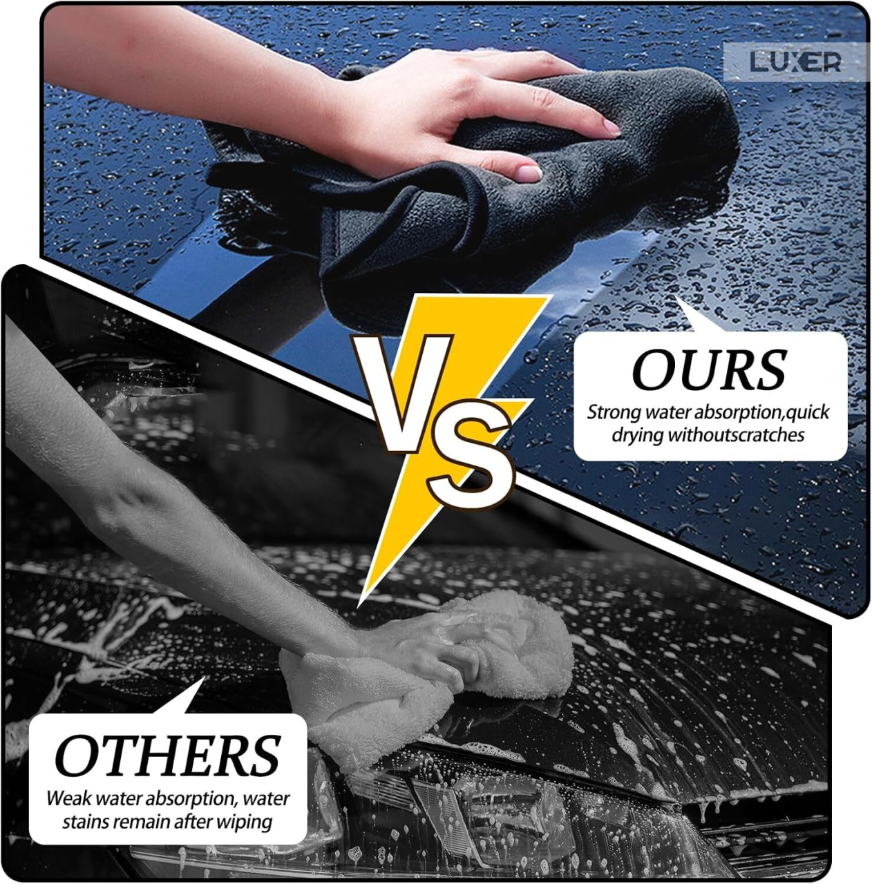 Prosop din microfibră Luxer cu 2 fețe pentru spălare, uscare, ceruire și detailing auto, dimensiuni 90x60 cm, negru, ultra-absorbant și delicat cu vopseaua mașinii. [8]