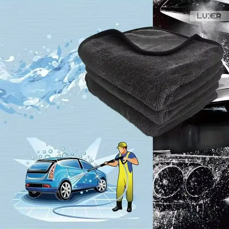 Prosop din microfibră Luxer cu 2 fețe pentru spălare, uscare, ceruire și detailing auto, dimensiuni 90x60 cm, negru, ultra-absorbant și delicat cu vopseaua mașinii. [9]