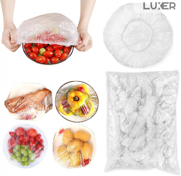 Set 100 Huse cu Elastic Pentru Protectie Boluri/Tavi/Recipiente Tip Capac Castroane  cu Diametrul intre 10-23 cm, Transparente, Luxer, emag dedeman hornbach leroy pepco ieftine durabile rezistente pentru alimente tevi cratite boluri casolete ieftine luxer [4]