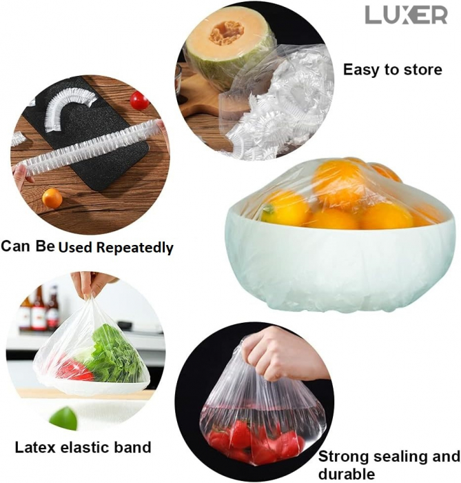 Set 100 Huse cu Elastic Pentru Protectie Boluri/Tavi/Recipiente Tip Capac Castroane  cu Diametrul intre 10-23 cm, Transparente, Luxer, emag dedeman hornbach leroy pepco ieftine durabile rezistente pentru alimente tevi cratite boluri casolete ieftine luxer [14]