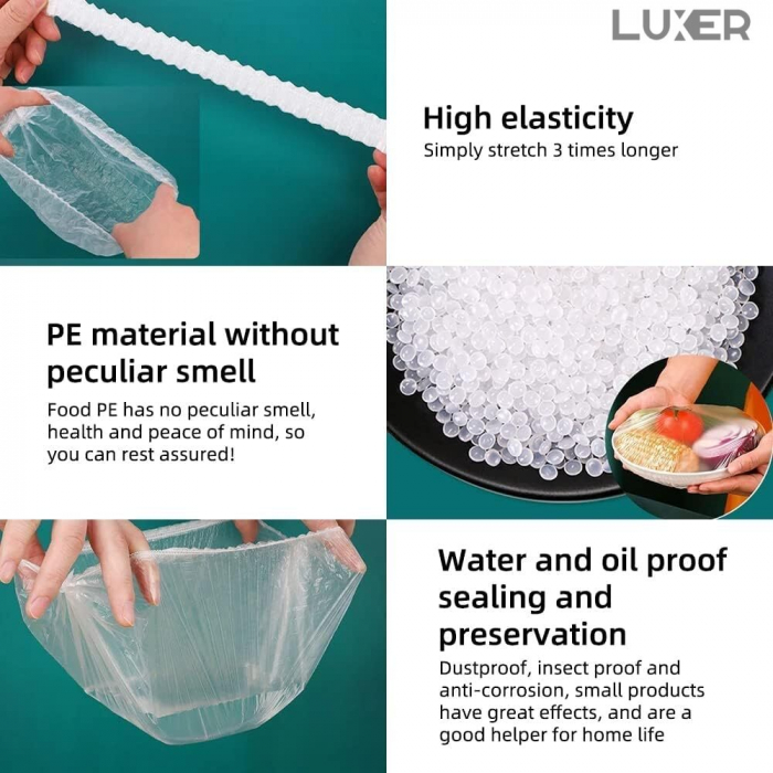 Set 100 Huse cu Elastic Pentru Protectie Boluri/Tavi/Recipiente Tip Capac Castroane  cu Diametrul intre 10-23 cm, Transparente, Luxer, emag dedeman hornbach leroy pepco ieftine durabile rezistente pentru alimente tevi cratite boluri casolete ieftine luxer [18]