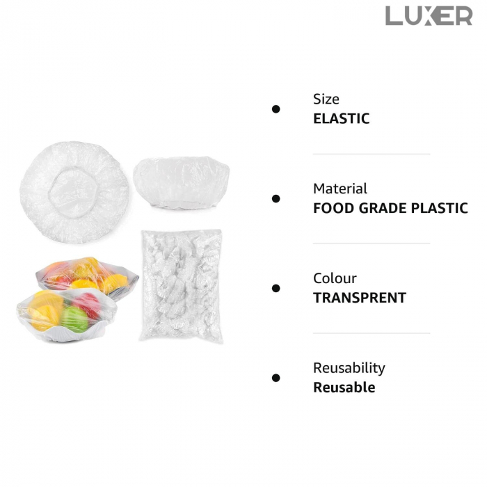 Set 100 Huse cu Elastic Pentru Protectie Boluri/Tavi/Recipiente Tip Capac Castroane  cu Diametrul intre 10-23 cm, Transparente, Luxer, emag dedeman hornbach leroy pepco ieftine durabile rezistente pentru alimente tevi cratite boluri casolete ieftine luxer [20]