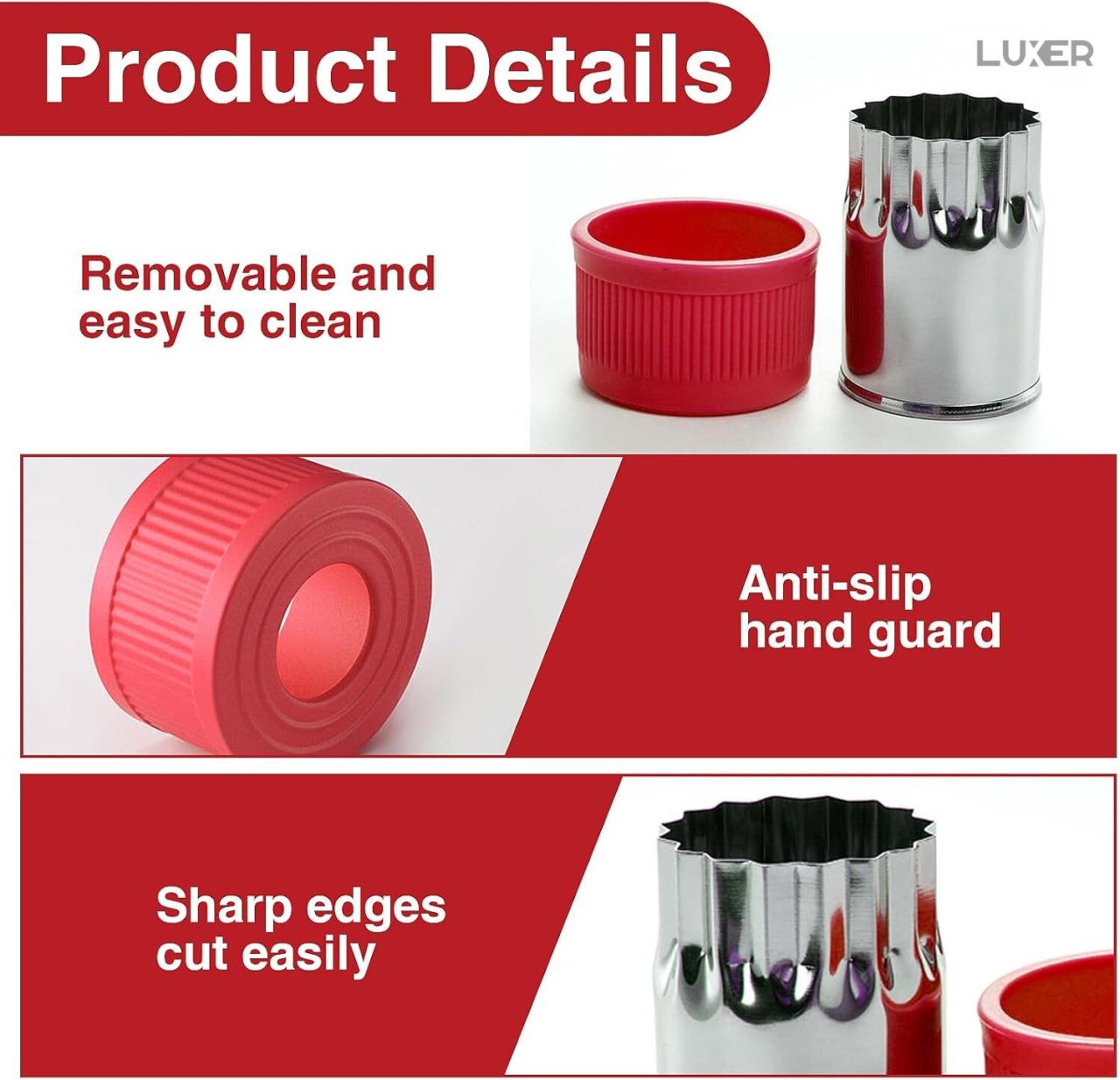 Set 12 forme din oțel inoxidabil Luxer pentru decupat aluat, fructe și legume, cu mâner anti-alunecare roșu [12]