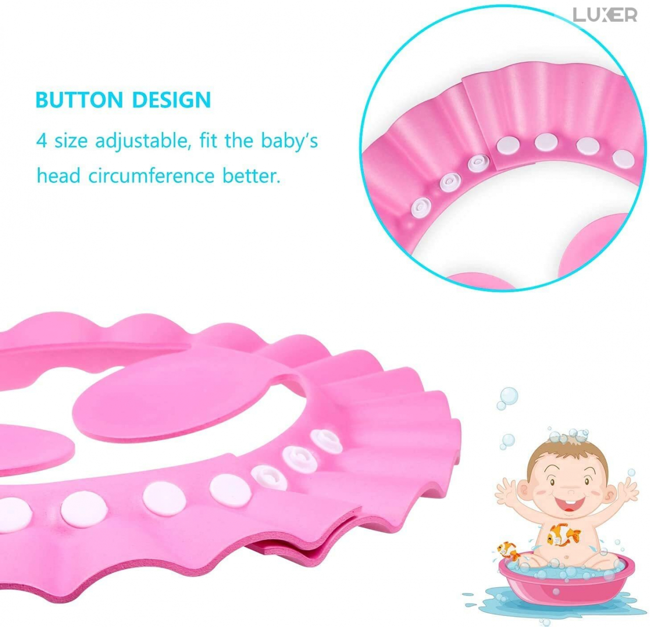 Set 2 Casti de Baie cu Marime Ajustabila Pentru Copii, Casca de Protectie Dus, Protectie Pentru Ochi si Urechi, Roz, Luxer, Casca Baie Pentru Bebelusi, Palarie Casca de Protectie  Materiale Moi, Luxer [4]