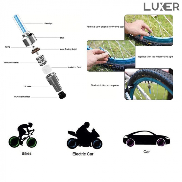 Set 2 Lumini LED pentru Roata Bicicleta/Masina/Motocicleta, cu Ventil, Alimentare: Baterii, Multiple Culori, Luxer, set lumini biciclete, motoare, masini fata spate pentru roata puternice dechatlon auchan carrefour emag fata spate luxer [5]