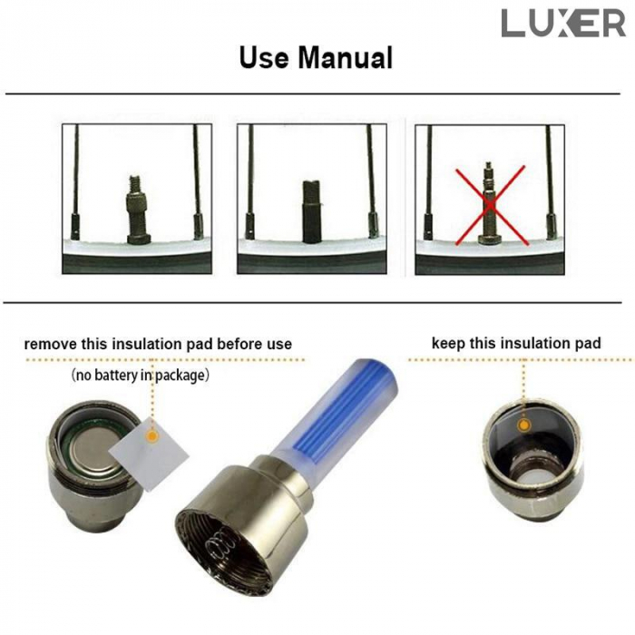 Set 2 Lumini LED pentru Roata Bicicleta/Masina/Motocicleta, cu Ventil, Alimentare: Baterii, Multiple Culori, Luxer, set lumini biciclete, motoare, masini fata spate pentru roata puternice dechatlon auchan carrefour emag fata spate luxer [10]