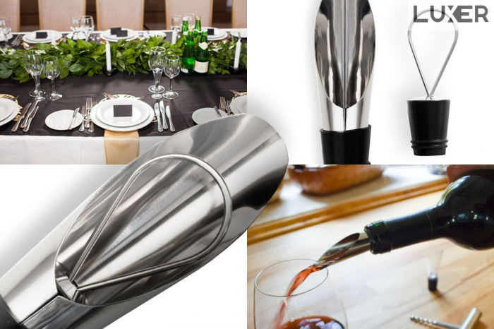 Set 2 Picuratoare/Aeratoare pentru Sticla de Vin, din Inox, Cu Garnitura din Cauciuc si Dop, Universal, Argintiu, Luxer [3]