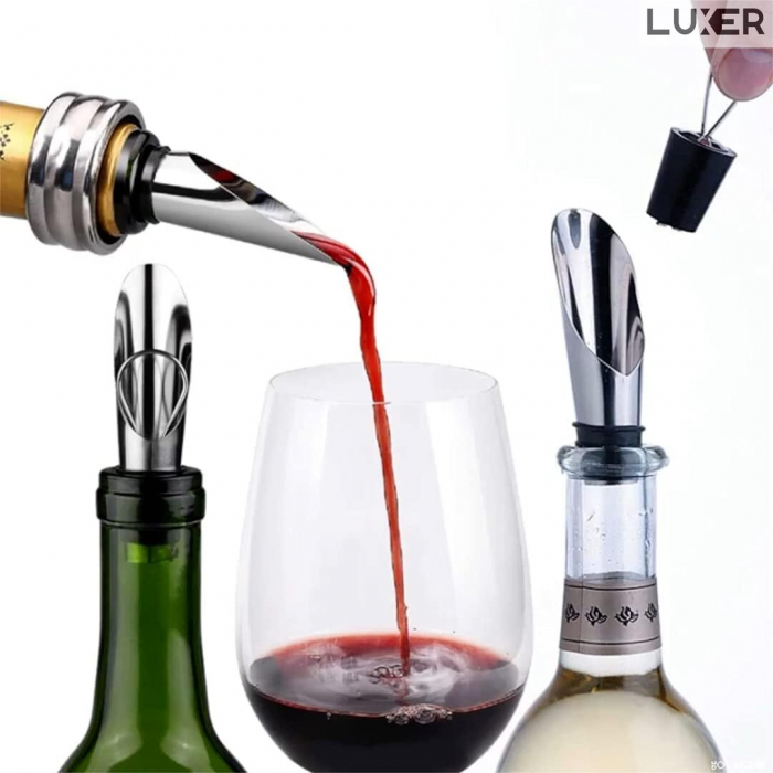 Set 2 Picuratoare/Aeratoare pentru Sticla de Vin, din Inox, Cu Garnitura din Cauciuc si Dop, Universal, Argintiu, Luxer [1]