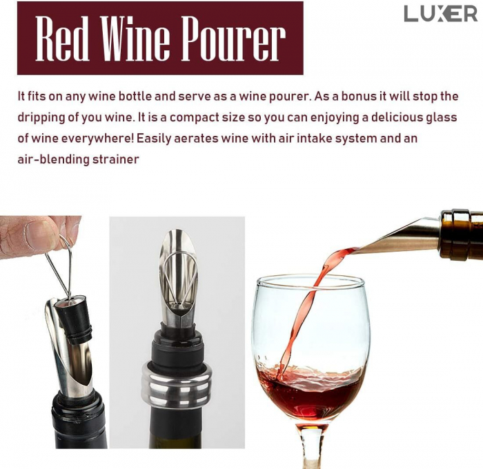 Set 2 Picuratoare/Aeratoare pentru Sticla de Vin, din Inox, Cu Garnitura din Cauciuc si Dop, Universal, Argintiu, Luxer [8]