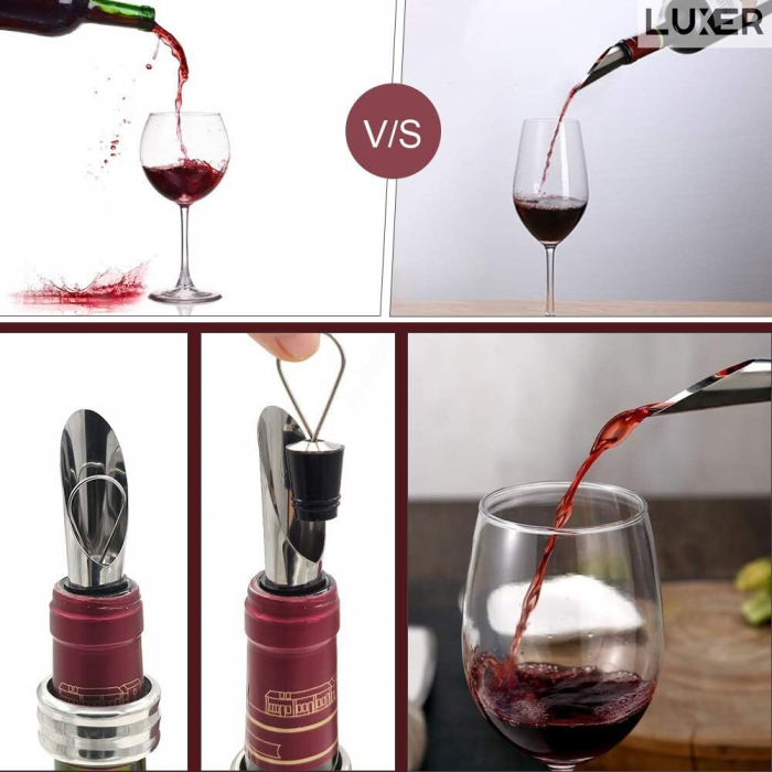 Set 2 Picuratoare/Aeratoare pentru Sticla de Vin, din Inox, Cu Garnitura din Cauciuc si Dop, Universal, Argintiu, Luxer [2]