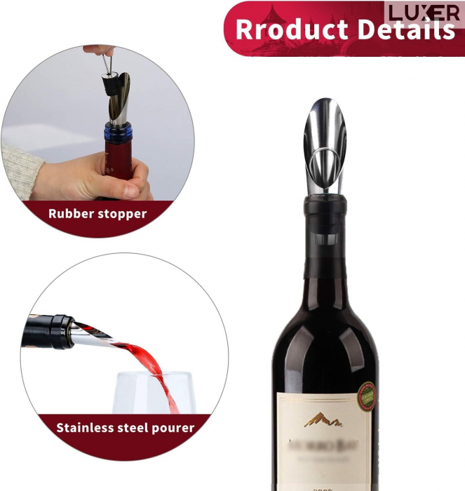Set 2 Picuratoare/Aeratoare pentru Sticla de Vin, din Inox, Cu Garnitura din Cauciuc si Dop, Universal, Argintiu, Luxer [6]