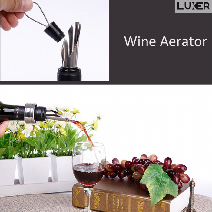 Set 2 Picuratoare/Aeratoare pentru Sticla de Vin, din Inox, Cu Garnitura din Cauciuc si Dop, Universal, Argintiu, Luxer [12]