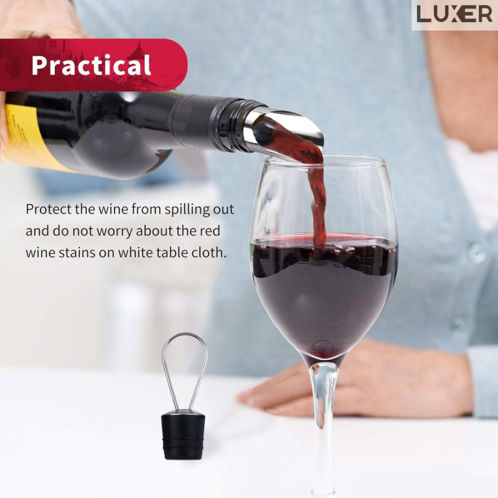 Set 2 Picuratoare/Aeratoare pentru Sticla de Vin, din Inox, Cu Garnitura din Cauciuc si Dop, Universal, Argintiu, Luxer [7]