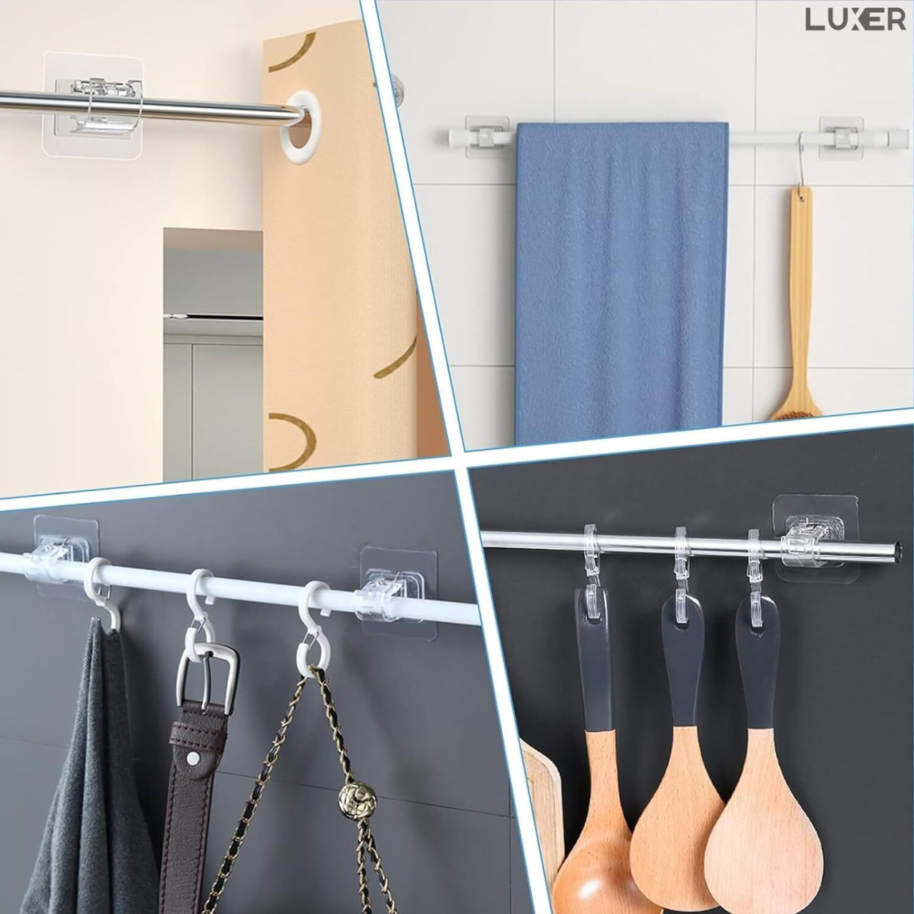 Set 2 suporturi autoadezive Luxer cu adeziv 3M, pentru prosoape, perdele sau draperii, montaj fără găuri, PVC transparent. [5]