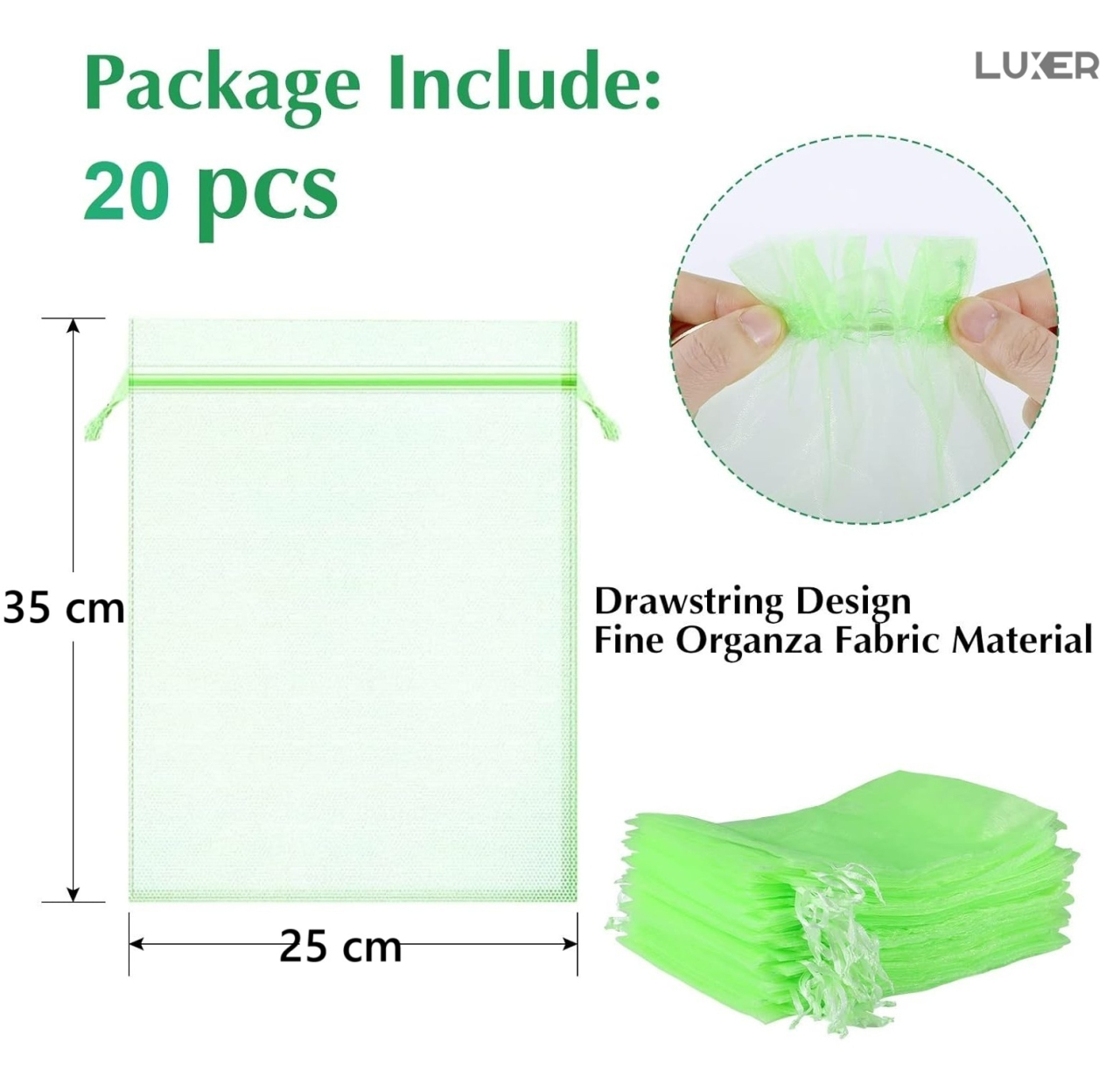 Set 20 pungi de protecție pentru fructe și legume Luxer, cu snur reglabil, anti-insecte, păsări și rozătoare, dimensiuni 25x35 cm, verde, reutilizabile și respirabile. [8]