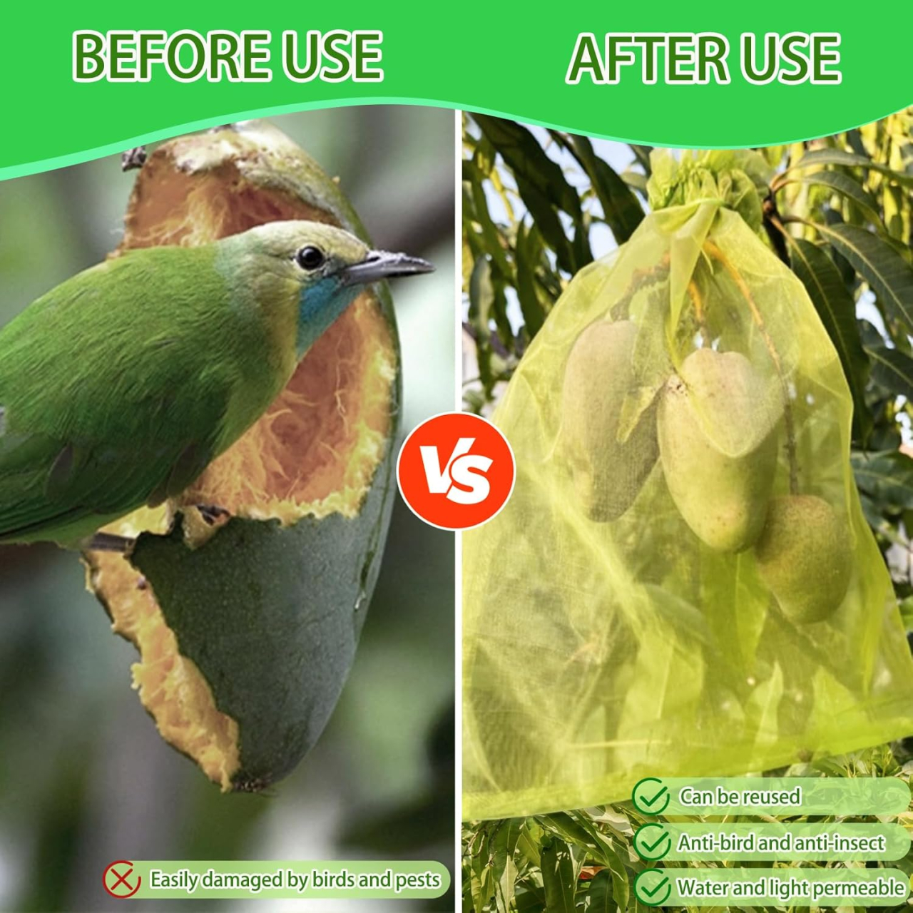 Set 20 pungi de protecție pentru fructe și legume Luxer, cu snur reglabil, anti-insecte, păsări și rozătoare, dimensiuni 30x40 cm, verde, reutilizabile și respirabile. [6]