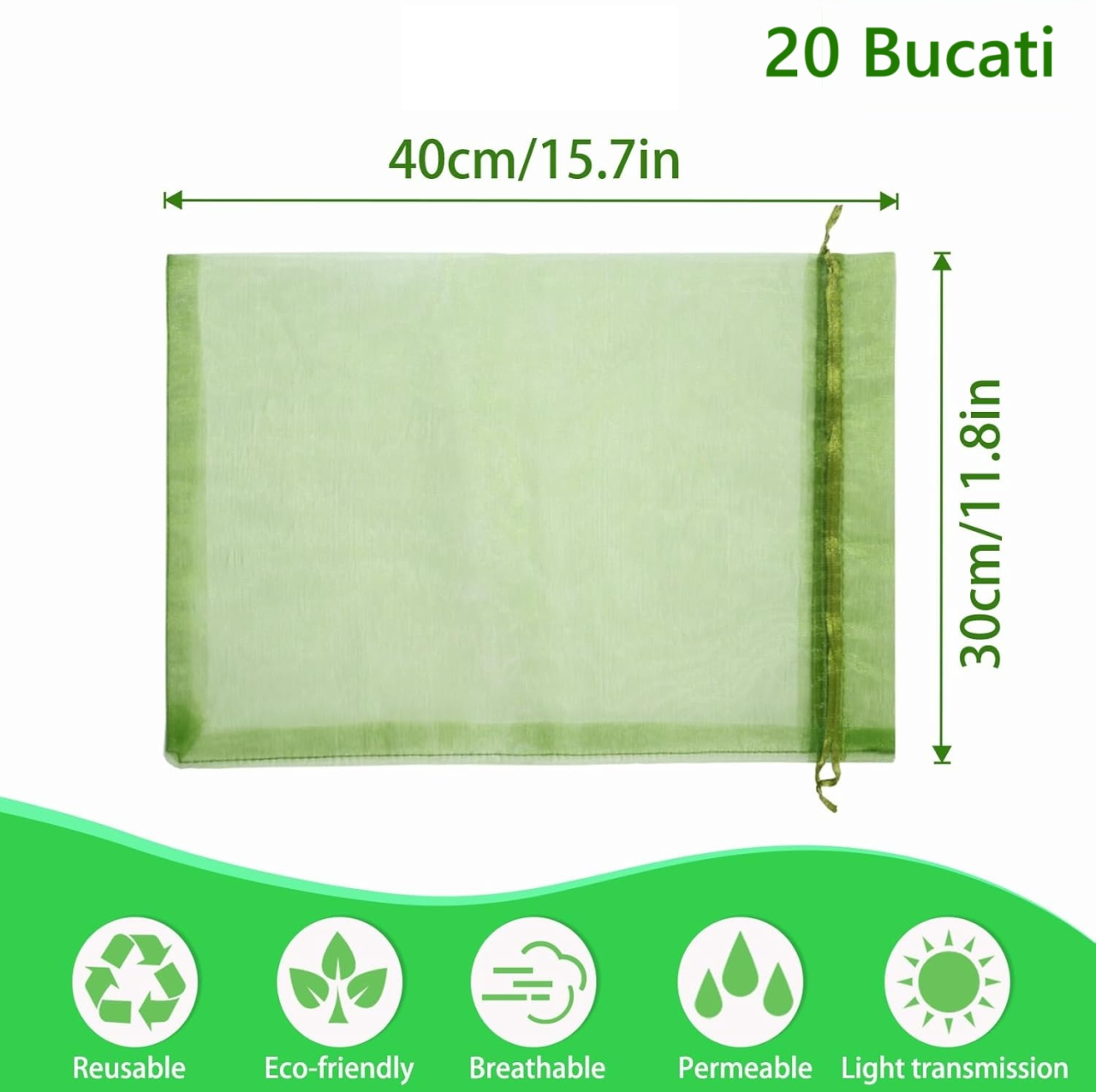 Set 20 pungi de protecție pentru fructe și legume Luxer, cu snur reglabil, anti-insecte, păsări și rozătoare, dimensiuni 30x40 cm, verde, reutilizabile și respirabile. [7]