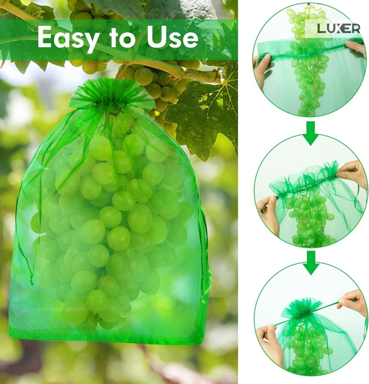 Set 20 pungi de protecție pentru fructe și legume Luxer, cu snur reglabil, anti-insecte, păsări și rozătoare, dimensiuni 30x40 cm, verde, reutilizabile și respirabile. [5]
