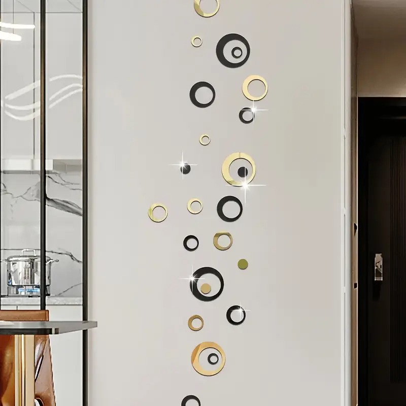 Set 24 Oglinzi Acrilice Autoadezive Pentru Decorarea Peretilor Luxer, Model Cercuri, Black and Gold, Oglinda Decorativa Perete/Mobila pentru Hol Living Baie [6]