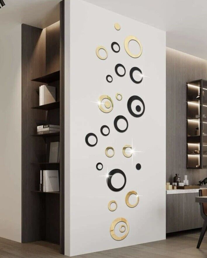 Set 24 Oglinzi Acrilice Autoadezive Pentru Decorarea Peretilor Luxer, Model Cercuri, Black and Gold, Oglinda Decorativa Perete/Mobila pentru Hol Living Baie [9]